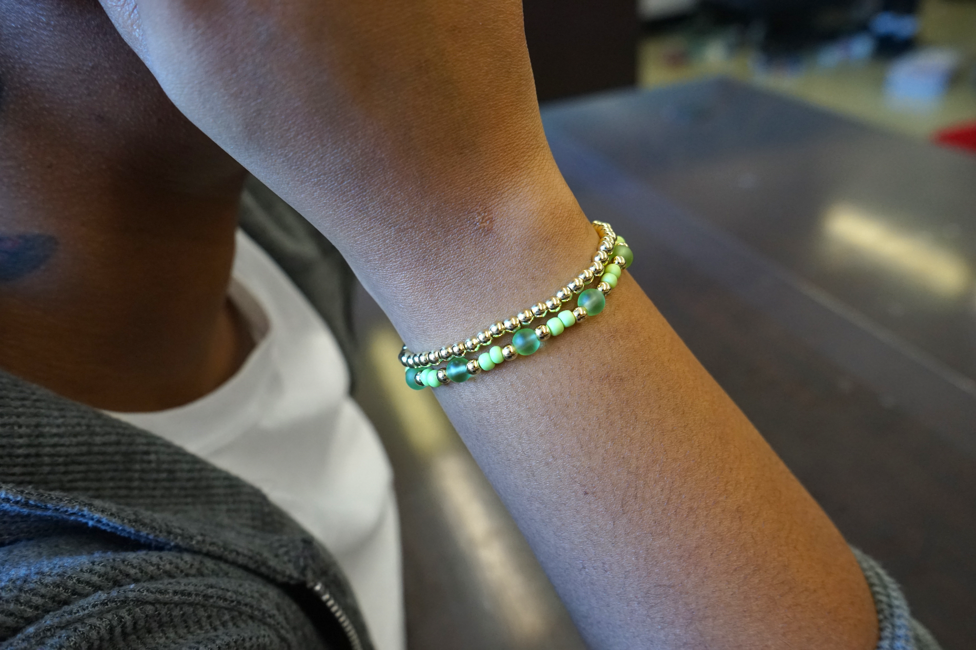 Peridot Green with Seed Bead and Gold